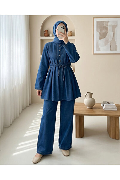 Modamorfo Costum din denim cu jumătate de nasturi, plisat în față și cu panta...