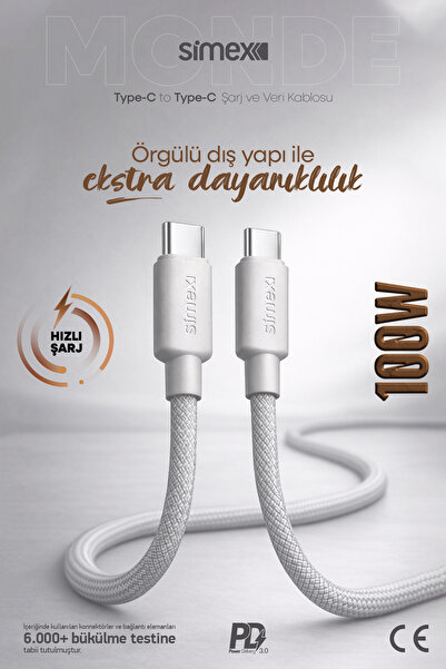 Simex 100W Type-C to Type-C Hızlı Şarj Kablosu | iPhone Samsung Xiaomi Uyumlu | Gri | 1 Metre
