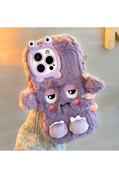 Paw Butik iPhone 17 Uyumlu Peluş Cool Karakter Tasarımlı – Mor Lila, Somurtka...