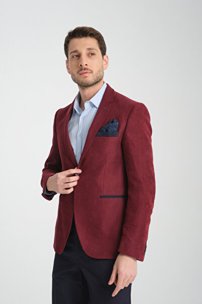 Frappoli Racinos Men's Burgundy Thick Velvet Fabric Elbow Slim Fit Slim Fit Sports Blazer Jacket
