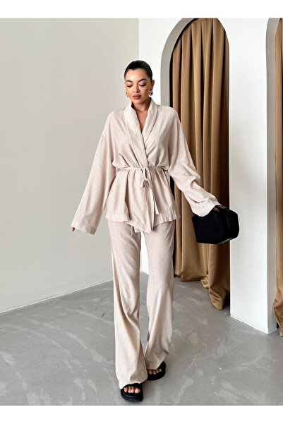 My Blog Light Beige Shawl Collar Kimono Pants Set - 98655