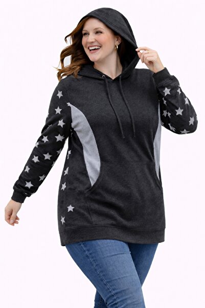 Şans Buzunar cangur cu model de stele pentru femei de mărime mare, afumat, cu glugă Swea tricou 65N39298