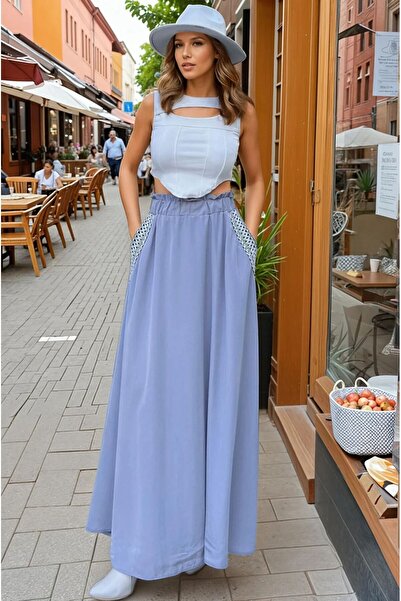 Pasaklı Giyim Women's Gray Long Kilos Skirt – Elastic Waist, Pockets, Straw Detail 3389308