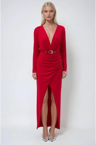 Lijuri Deep V-Neck and Slit Belts Dress 2930 R2-C-K2