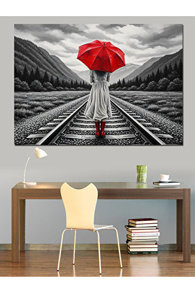 Artmeg Pânză decorativă Trenul Rutier alb-negru cu umbrelă roșie - Tablou din...