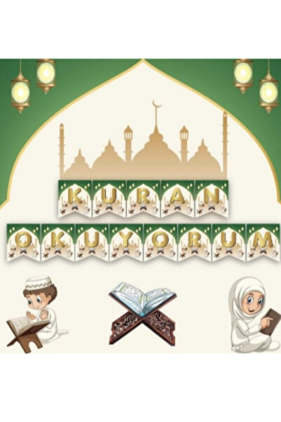 GenelTedarik Kuran Okuyorum Yazısı Banner Yeşil Gold Renk 2mt Kuran Okuma Par...