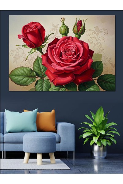 Artmeg Single Red Rose Flower Decorative Canvas - Mdf Wood Painting