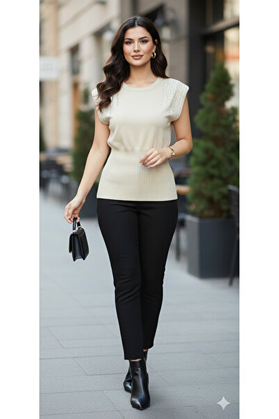 MODA Vatkalı taş işlemeli belden oturtma standart beden çelik triko bluz