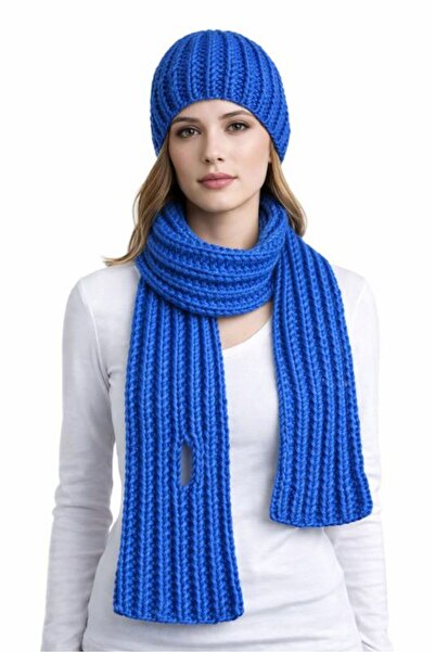 Uretti - Emine 9106 1749 Hand Knitted Beanie and Scarf Set - Turquoise
