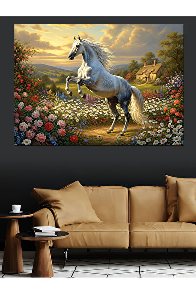 Artmeg Çiçekli Alanda Beyaz At Şahlanmış Dekoratif Kanvas - Mdf Ahşap Tablo