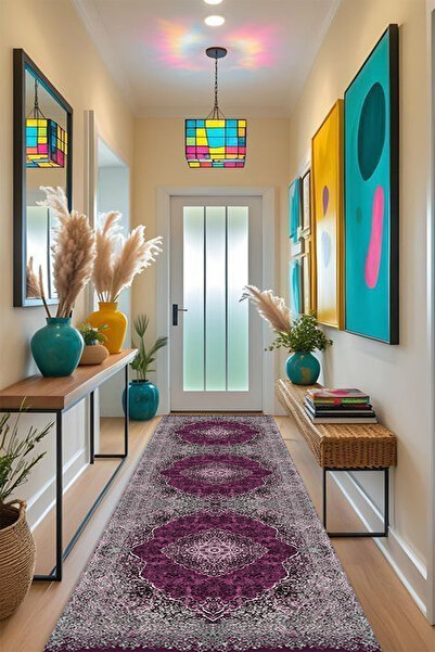 Kessy Home Studio Koridor Halısı & Yolluk Mor Gri Vintage Desenli Dijital Bas...