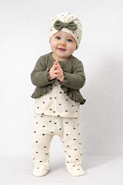 Chicsy Baby Baby Girl Ruffled Cardigan Patterned Romper Bow Beanie 3-Piece Set