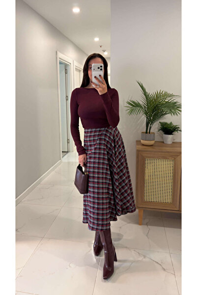 BİRCANÇİL Ferore Burgundy Asymmetrical Cut Plaid Skirt