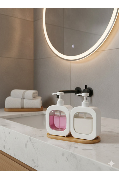 MİMOZA PARK 2 Pieces 400 ml Countertop Bathroom Kitchen Liquid Soap Dispenser Dishwashing Liquid Dispenser with Bamboo Base Set of 3