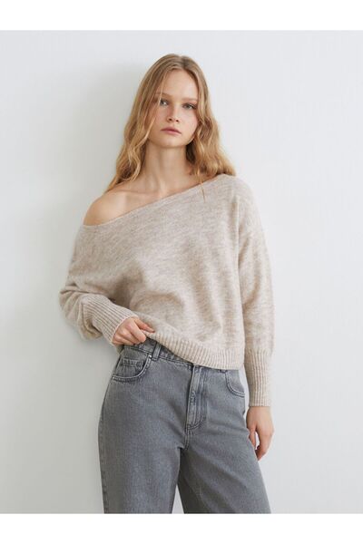 LC Waikiki XSIDE Bej Kayık Yaka Oversize Kadın Triko Kazak