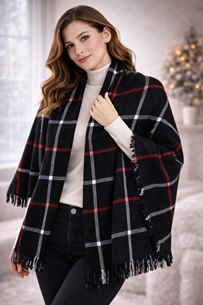 MYZİ STORE Plaid Patterned Women's Shawl – Winter, Soft Texture, Stylish Design with Tassel Detail
