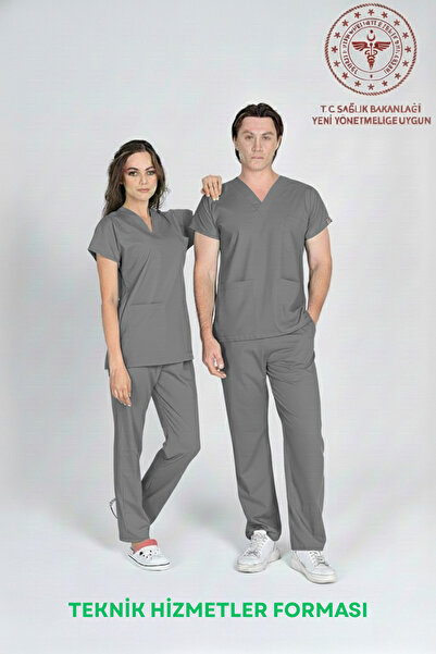 HEMİ Technical Services Uniform Gray Scrubs Stretch Fabric Set Ministry of Health Compatible-Gray