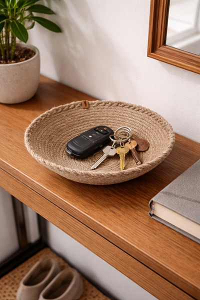 HandmadeSNM Coș pentru chei din iută naturală – Bol decorativ din răchită pentru dulap și intrare, coș cu fructe