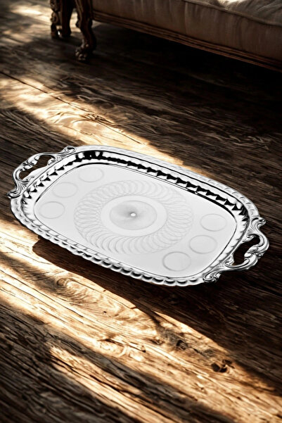 Ahinur Mutfak Tea Coffee Tray Catering Presentation Tray Serving and Tea Tray with Handle Stainless Steel Patterned 39X30Cm