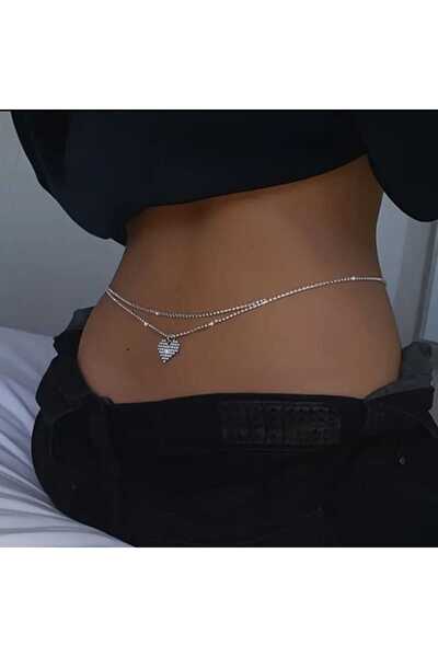 Genel Markalar Kadın Gümüş Renk Taşlı Kalp Uçlu Bel-Göbek Zinciri BL108