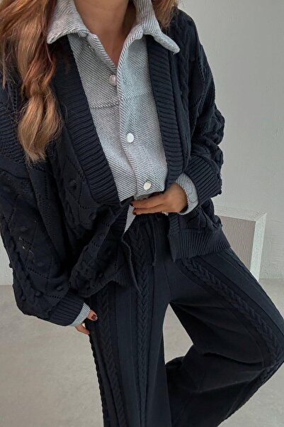 Lavanta Tekstil Shirt Detailed Knitwear Cardigan Pants Set