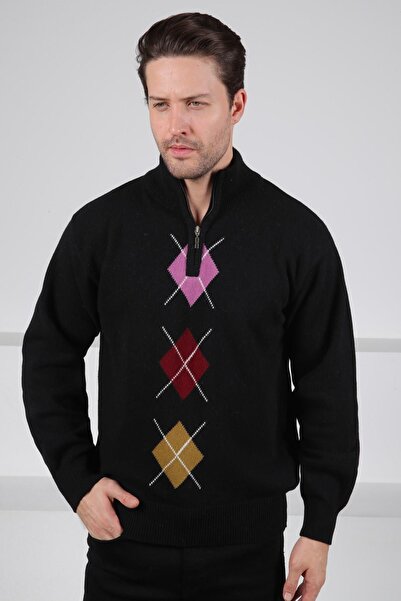 Ferraro Siyah/Lila Balıkçı Yaka Fermuarlı Lila Bordo Desenli %100 Kuzu Yünü E...