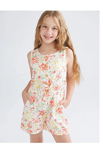 LC Waikiki Lcw Kids Ecru Crew Neck Floral Girls' Jumpsuit