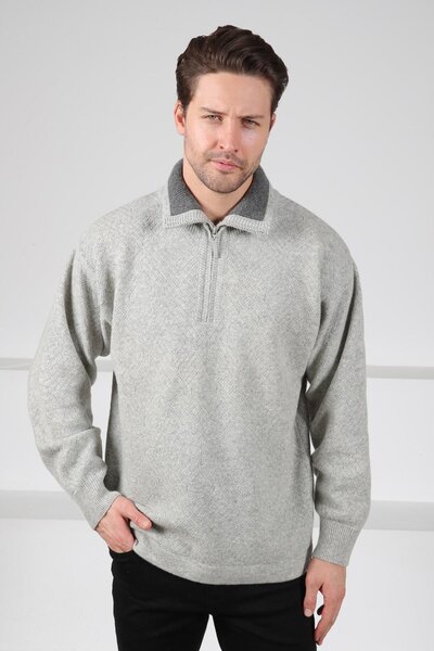 Ferraro Pulover pentru bărbați, 100% lână de miel, cu mânecă lungă, cu fermoa...