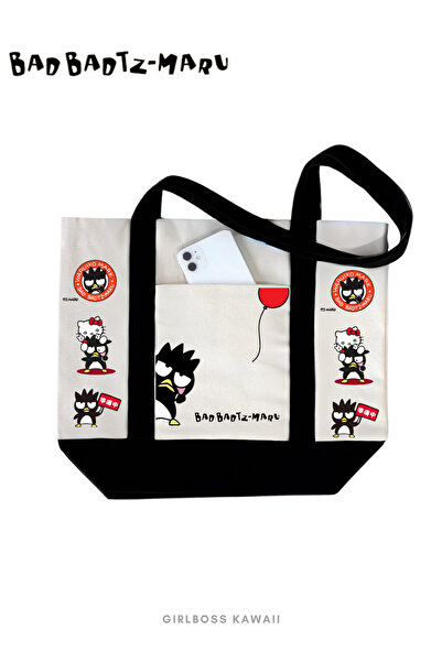 Girlboss Kawaii Bad Badtz Maru Large Canvas Bag with Pockets / Shopping, Spor...