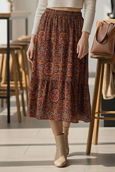Chiccy Kiremit Rengi Etnik Desenli Allover Baskılı Lastikli Bel Casual Uzun Dokuma Etek 95 60