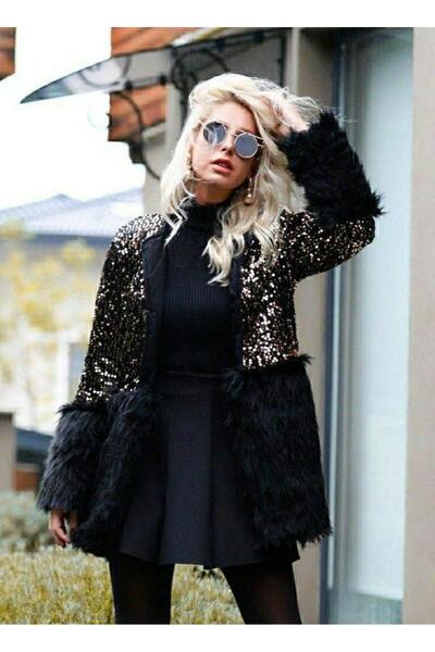 rengamoda Palton din blană cu secțiuni cu paiete, cu cârlig în față, fără căptușeală