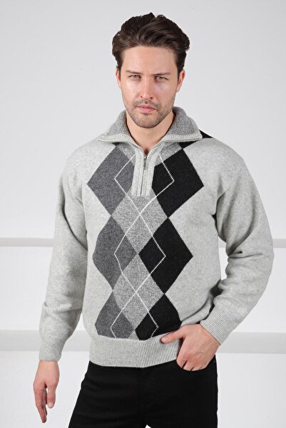 Ferraro سترة رجالية من الصوف بنسبة 100% بنمط هندسي وسحاب وياقة عالية باللون الرمادي/الدخاني