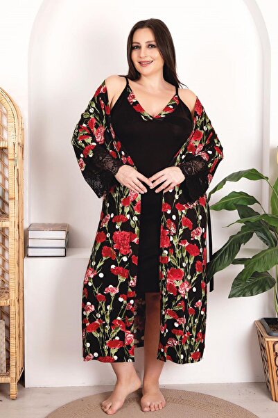 REN Plus size women's black and floral Printed nightgown and robe set with straps, viscose fabric