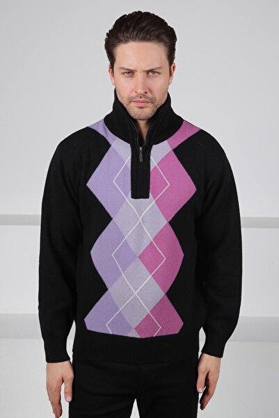 Ferraro Siyah/Lila Balıkçı Yaka Fermuarlı Geometrik Desenli %100 Kuzu Yünü Er...