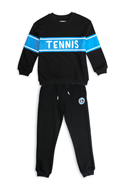 Unisex Çocuk Pamuklu Bisiklet Yaka Baskılı Şardonsuz Eşofman Takımı Tenis Tennis