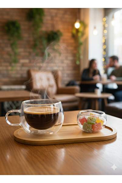 MİMOZA PARK Double Wall Glass Cup Set Presentation Tray Turkish Delight Tray Dragee Tray (Bamboo Coaster Included)
