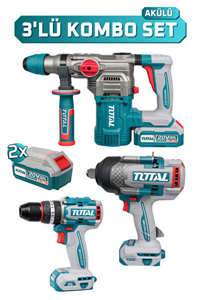 TOTAL TOSLI250281E 3'lü Kombo Set Kırıcı Delici Darbeli Matkap Somun Sökme Seti Kablosuz Kullanım 20V