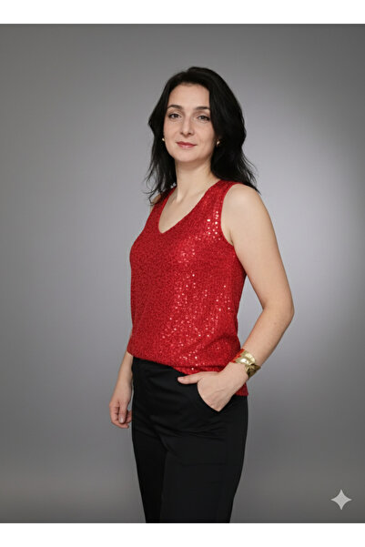 Roosbutik kırmızı payetli V yaka kolsuz bluz