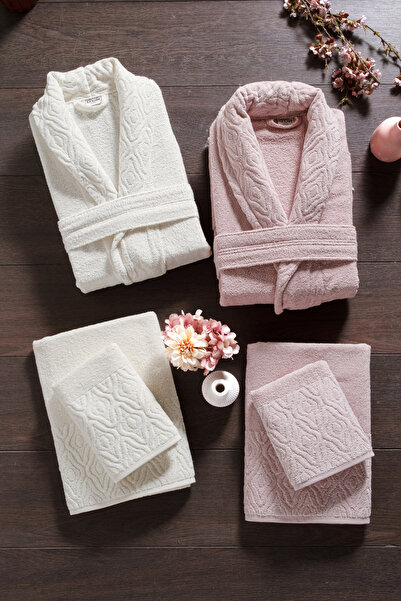 Mürdüm Home Hira 6 Piece Family Bathrobe Set - 100% Cotton, Luxury, Jacquard Bathrobe Set, Gift, Dowry