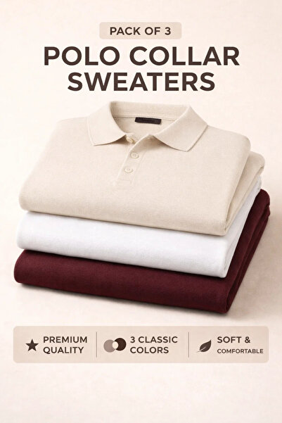 COMBİNE MİCHAİL Men's Winter Polo Collar 3-Piece Knit Sweater