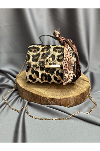 MİHRA STORE Women's Bag Nave Leopard Patterned Mini Bag with Scarf Baklava Tr...