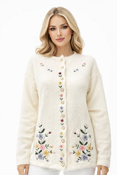 Fresh&Moda Women's White Angora Floral Embroidered Thin Buttoned Cardigan