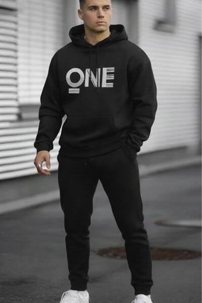 CAST COLLECTİON Men's Black One Printed Hooded Sweat Tracksuit Set