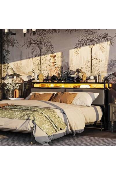 NKX Bed Frame (160cm) LED Upholstered Storage Headboard with Charging Station Headboard