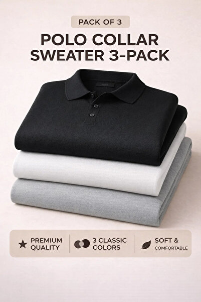 COMBİNE MİCHAİL Men's Winter Polo Collar 3-Piece Knit Sweater