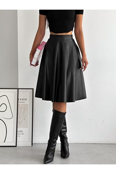 FRESCO SCARFS Women's High Waist Leather Flared Skirt