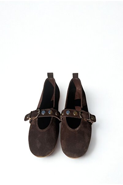 SALDA Hakiki Deri Kadın Kahverengi Süet Mary Jane Babet - El Yapımı Günlük Ra...