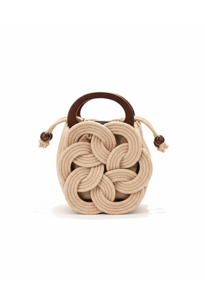 Taşhan Çarşı Tutma Saplı Yuvarlak El Yapımı Çanta - Tress Kordon İp Örme - Kr...