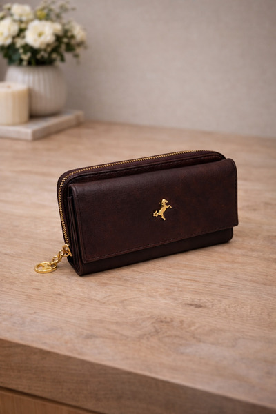 LOREVIE Kadın Fermuarlı Uzun Cüzdan Gold Aksesuarlı Şık Günlük Cüzdan