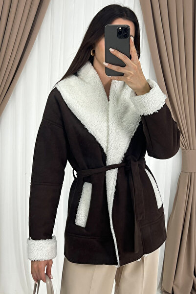 Klex Plush Collar Detailed Belted Women's Coat-Brown - S